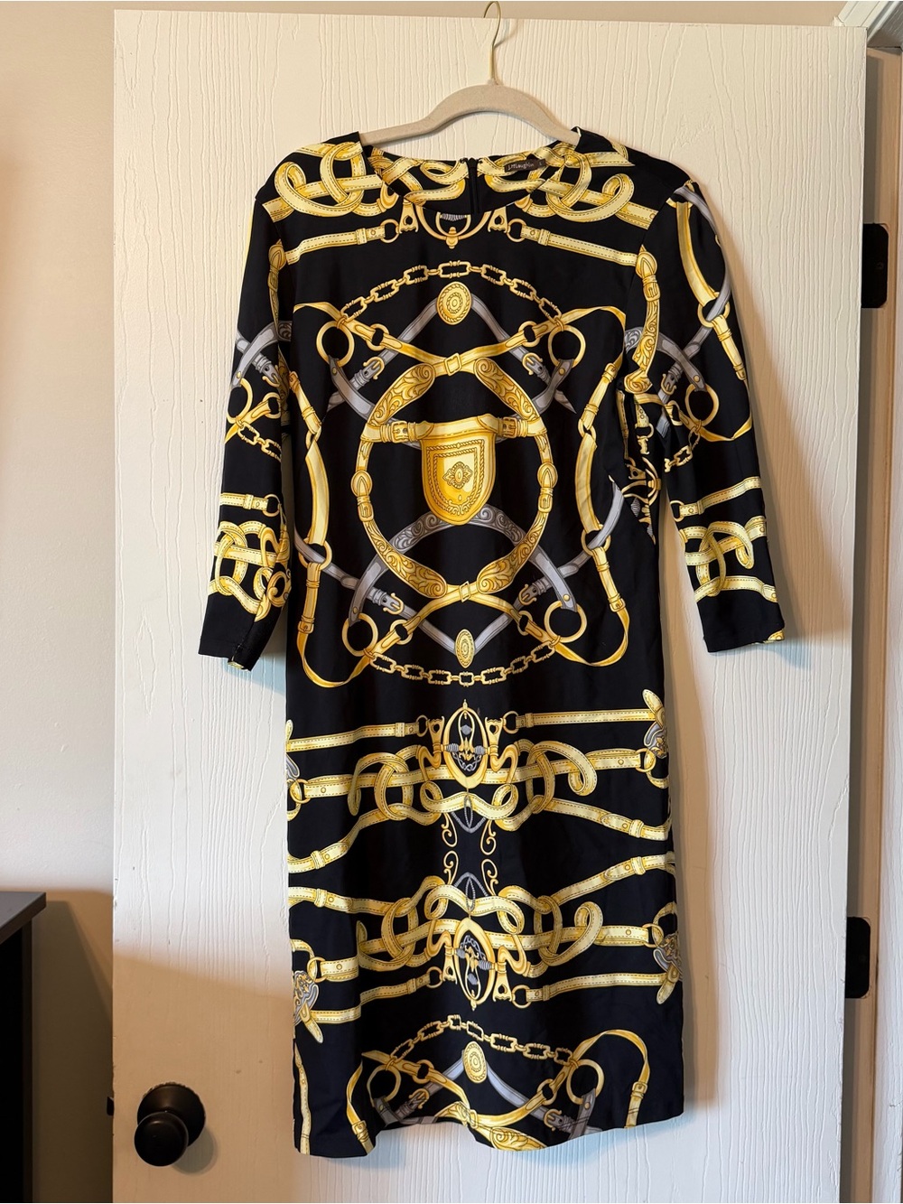 J. McLaughlin Black & Gold Chain-Print Midi Dress